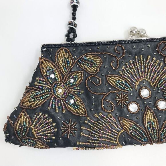 Apt. 9 Black Satin Beaded Floral Sparkle Bead Handle Mini Evening Bag - Picture 3 of 16